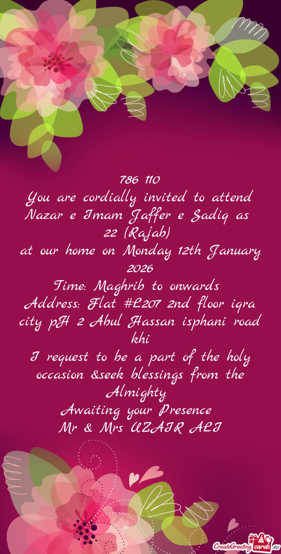 You are cordially invited to attend Nazar e Imam Jaffer e Sadiq as
