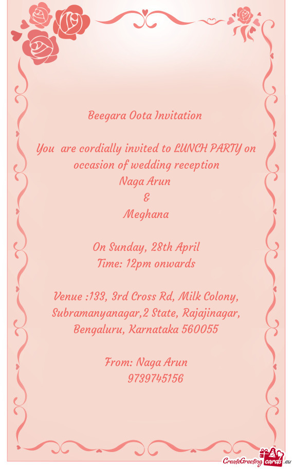 You are cordially invited to LUNCH PARTY on occasion of wedding reception