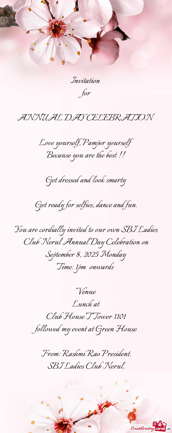 You are cordially invited to our own SBI Ladies Club Nerul Annual Day Celebration on September 8, 20