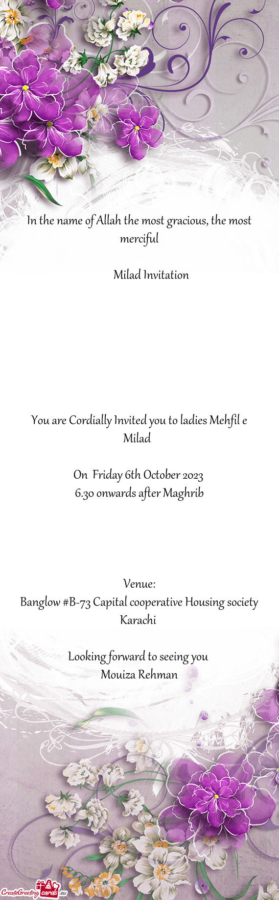 You are Cordially Invited you to ladies Mehfil e Milad