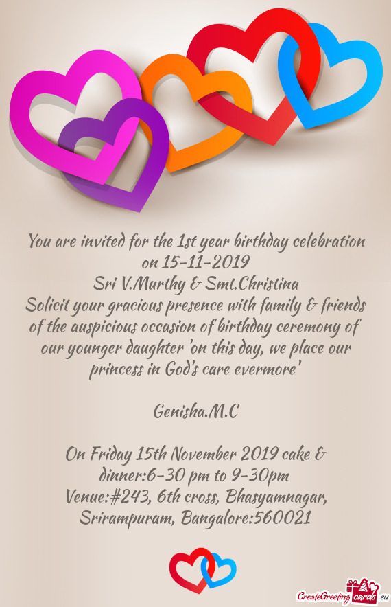 You are invited for the 1st year birthday celebration on 15-11-2019
 Sri V