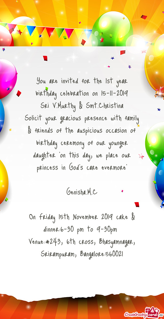 You are invited for the 1st year birthday celebration on 15-11-2019