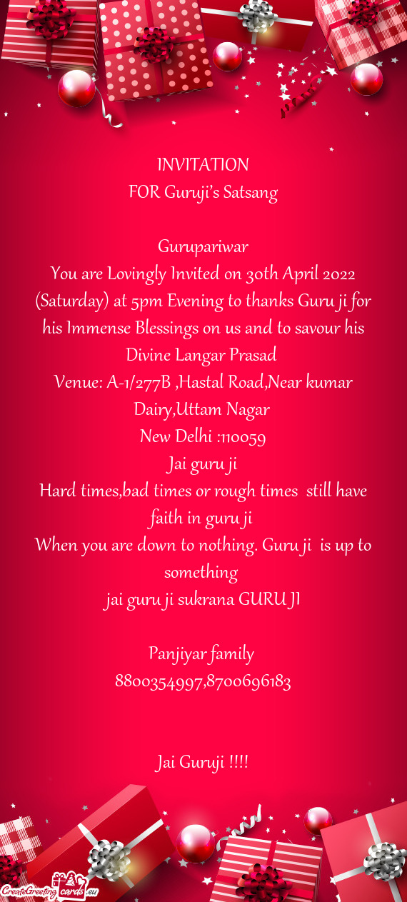 You are Lovingly Invited on 30th April 2022 (Saturday) at 5pm Evening to thanks Guru ji for his Imme