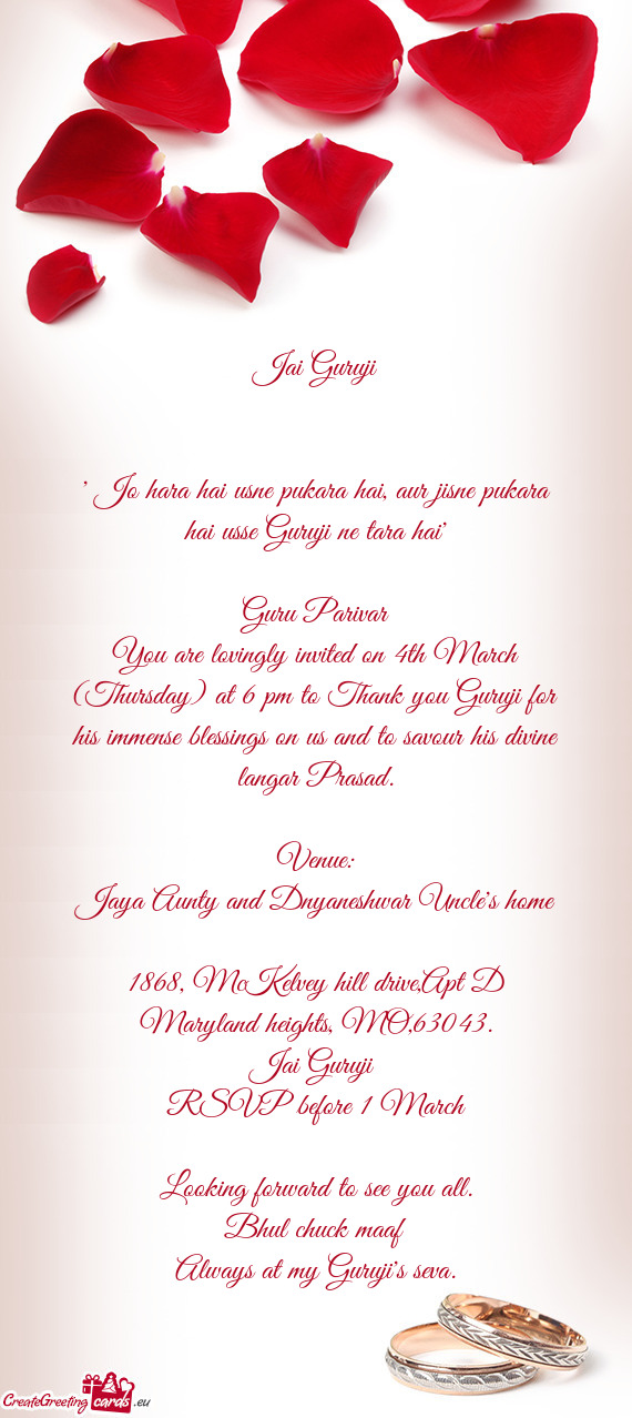 You are lovingly invited on 4th March (Thursday) at 6 pm to Thank you Guruji for his immense blessin