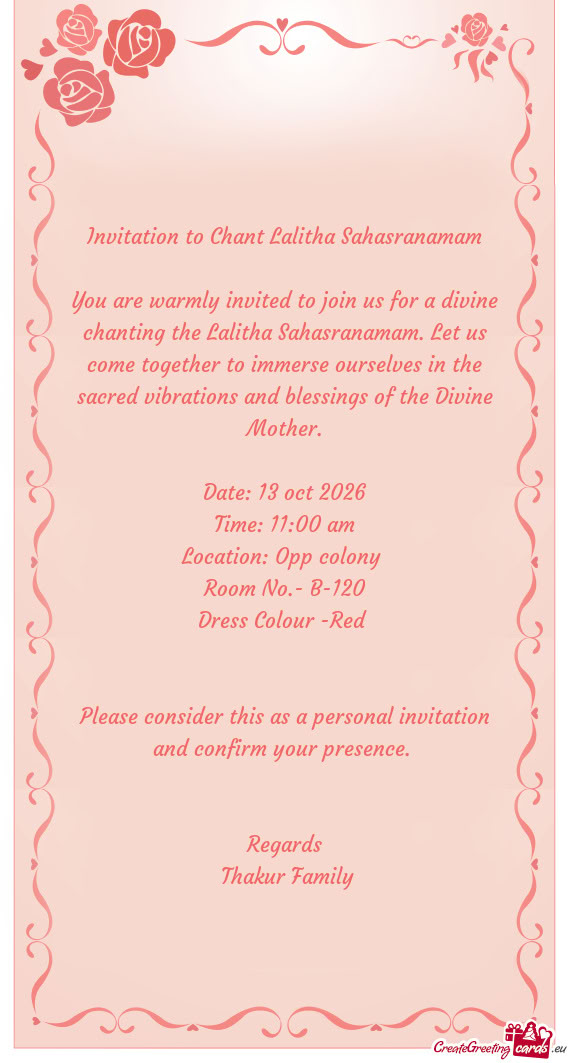 You are warmly invited to join us for a divine chanting the Lalitha Sahasranamam. Let us come togeth