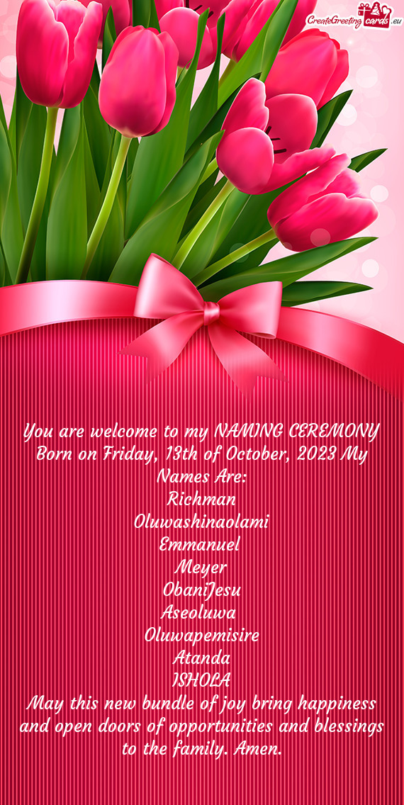 You are welcome to my NAMING CEREMONY Born on Friday, 13th of October, 2023 My Names Are