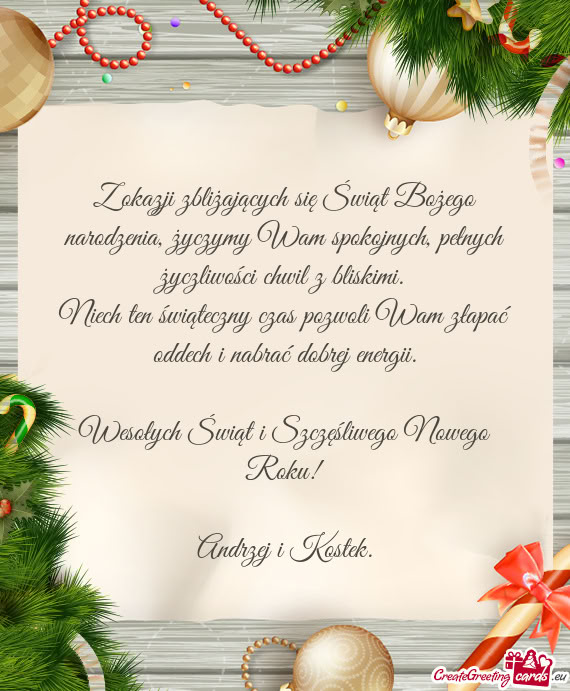 Z okazji zbliżających się Świąt Bożego narodzenia, życzymy Wam spokojnych, pełnych życzliwo
