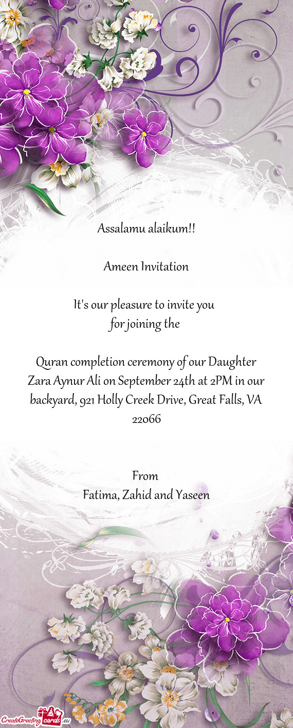 Zara Aynur Ali on September 24th at 2PM in our backyard, 921 Holly Creek Drive, Great Falls, VA 2206